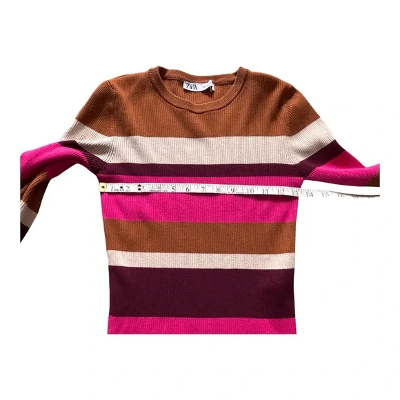 Zara Striped Ribbed Knit Sweater Multicolor Pink Brown Maroon Cream Size M - Picture 7 of 8